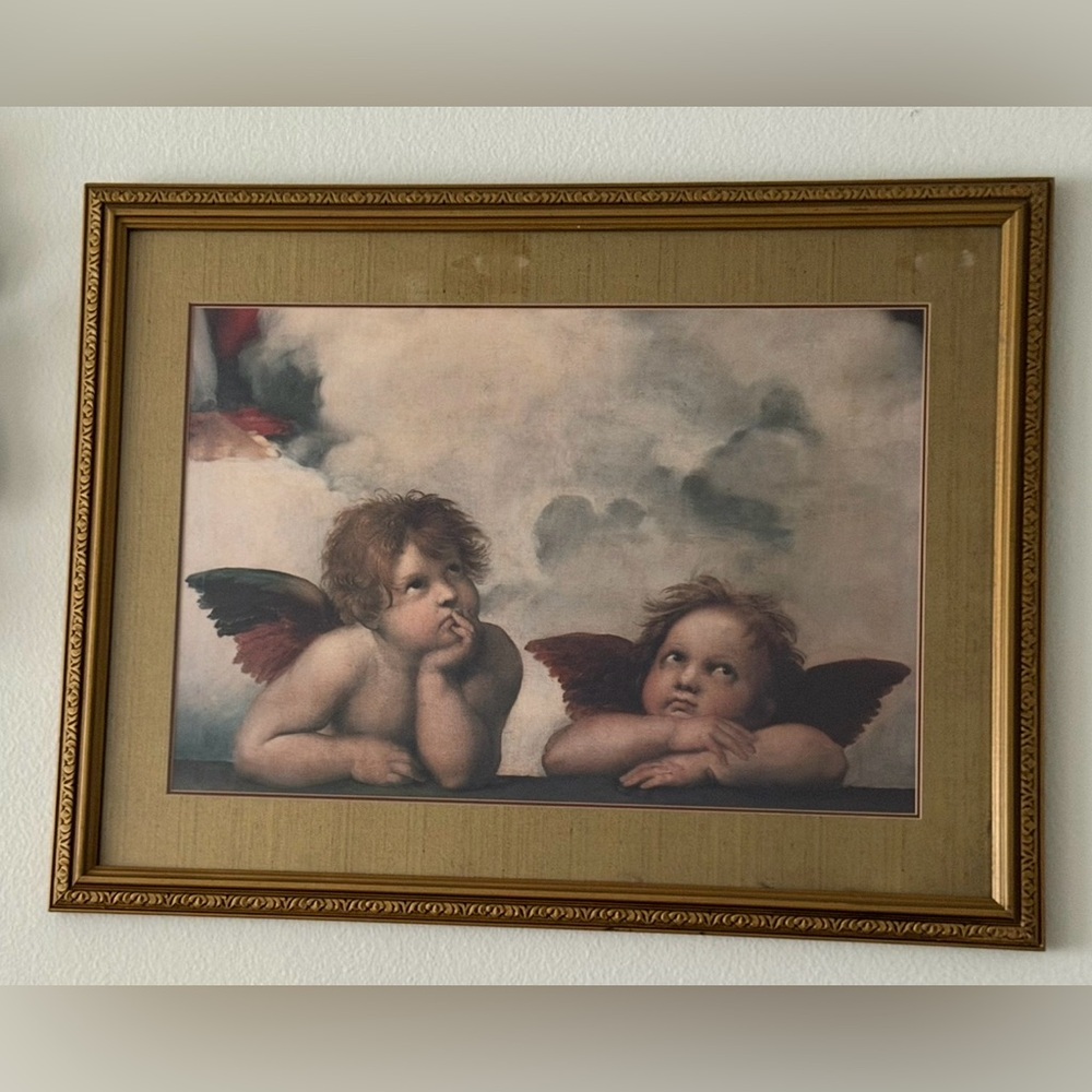 Large 2 Cherubs Raphael 30”x23.5” Artwork Print Sistine Madonna Framed Matted - Picture 7 of 7
